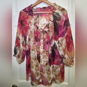 Dress Barn Semi Sheer Floral Button Down Top Shirt Blouse- Size L/XL